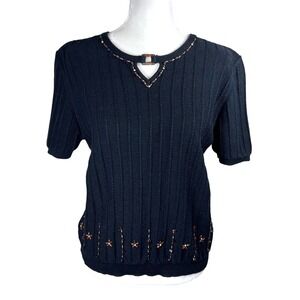 Alfred Dunner Petite Black Ribbed Beaded Short Sleeve Knit Sweater Size PM